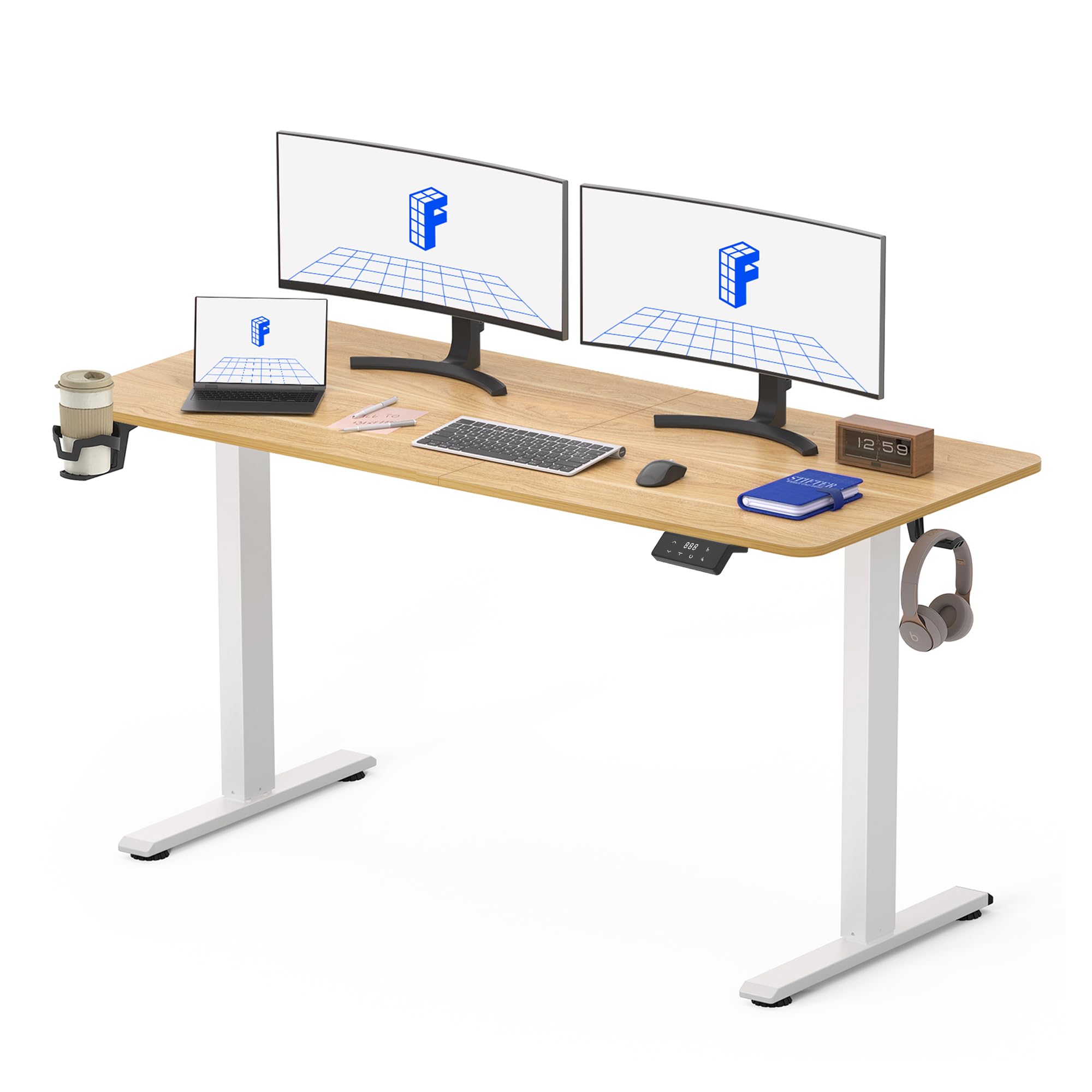 FLEXISPOT Escritorio Elevable con Tablero 140x60 Mesa Elevable Eléctrico Standing Desk, Mesa de Elevable Escritorio Regulable Altura con 4 Control con Memoria/Gancho/Portabotellas(Arce)