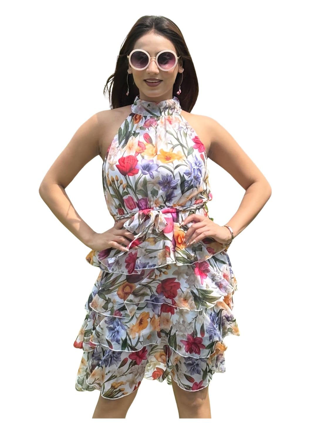Women's Gathered Multicolor Georgette Dress Sleeveless Dress for Womens Soft & Breathable & Comfortable Outfits for Office, Casual, Festive & Party (11316)-image-24