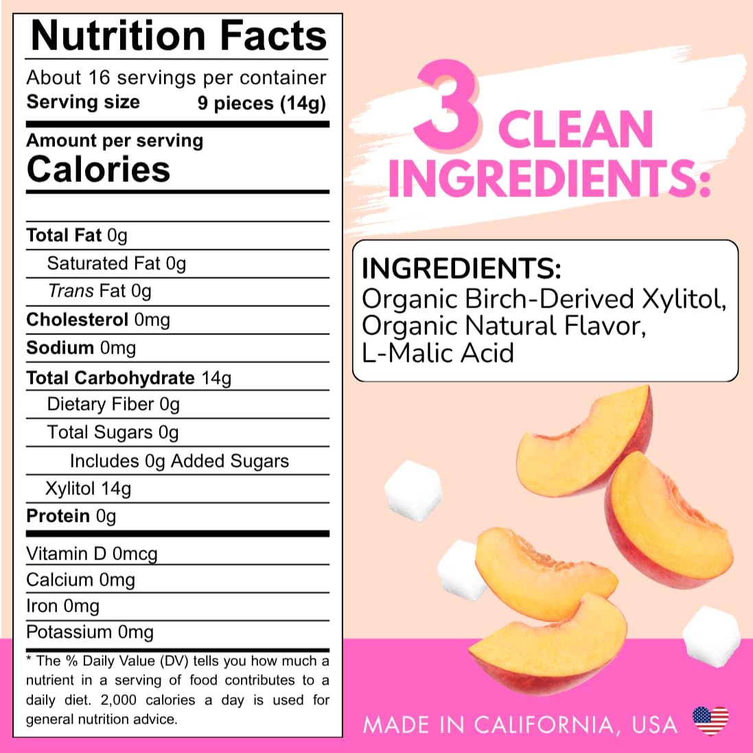 Xylipop 4 Pack (Peach) – Tooth-Friendly Xylitol Candy | Made with 3 Organic Ingredients | Sugar-Free, Vegan | Healthy Snack for All Ages | 4 x 1.94 oz Pouches