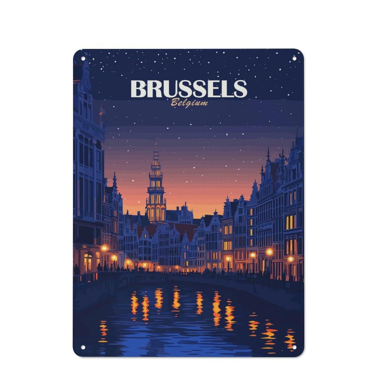 Junmoney Style-12 Brussels Belgium Night Cityscape Art Decorative Metal Plaque 40X30cm, Loft Style Urban Room Decor For Flat, Bar, Studio Or Gallery Wall