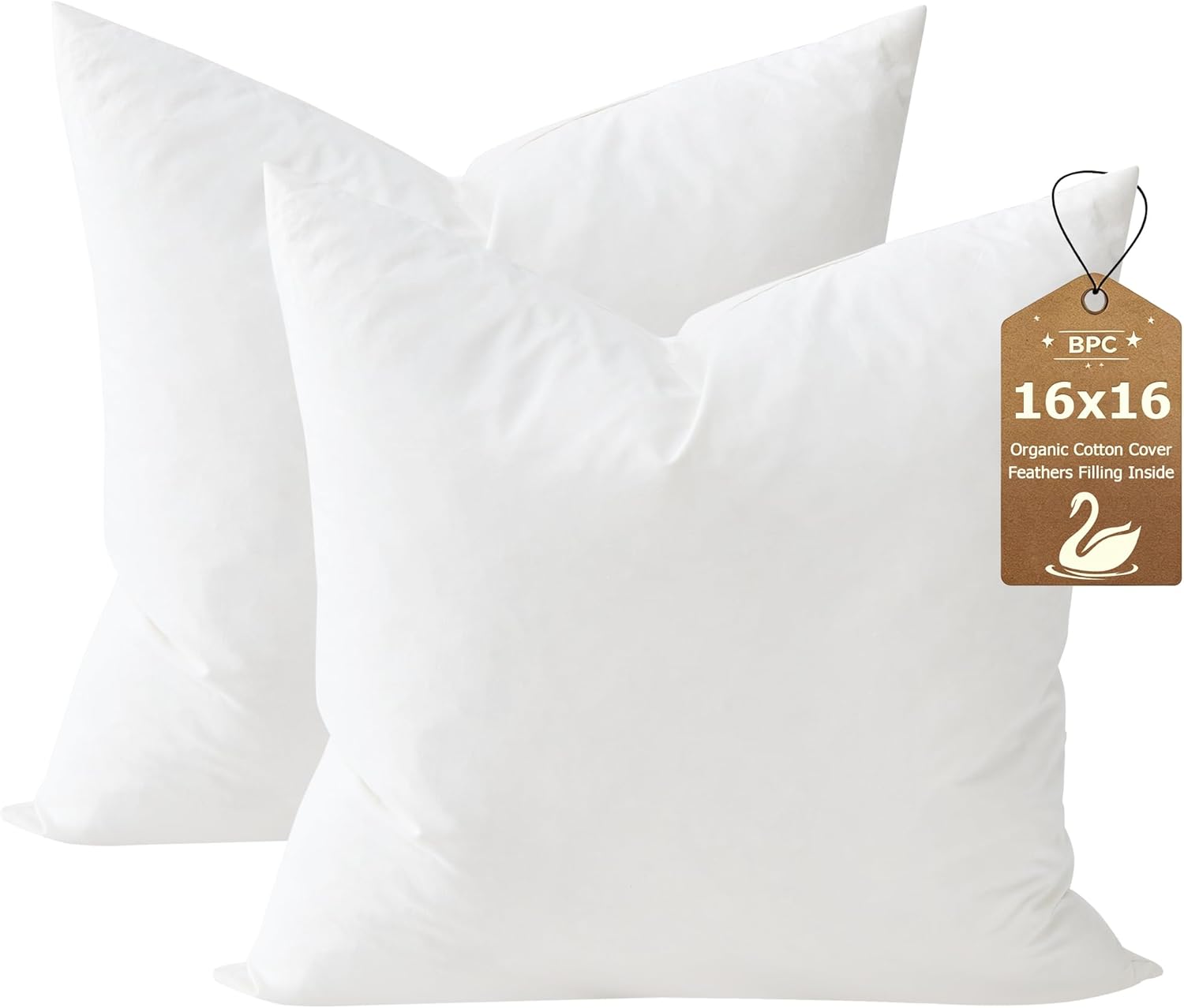 BPC 16x16 Down Feather Throw Pillow Inserts Set of 2, 100% Organic Cotton Cover, Soft Square Decorative Pillow for Sofa, Couch and Bed, White
