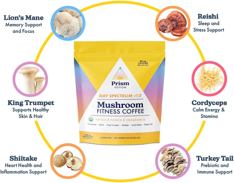 Organic Prism Potion Day Spectrum v1.0 Mushroom Fitness Coffee | Focus, Power, Endurance, Recovery | Cordyceps, Reishi, King Trumpet, Shiitake, Lion’s Mane, Turkey Tail, & Arabica Coffee | 30 Servings