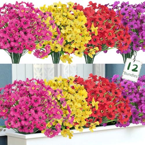 Ouddy Decor 12 Bundles Artificial Flowers for Outdoors Fake Silk