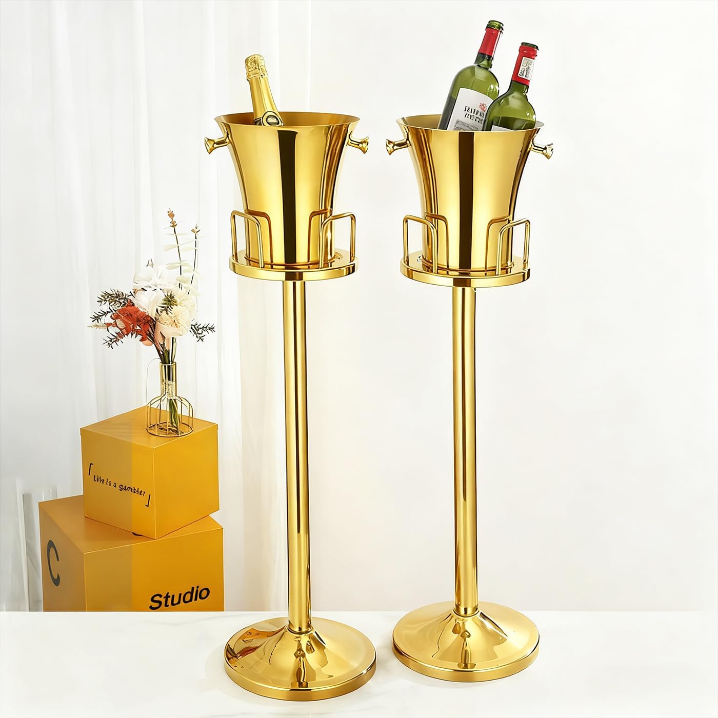 Golden Ice Bucket with Stand, Stainless Steel Champagne Ice Bucket, Standing Wine Beverage Bucket with Handles 5L Capacity Container on Stand for Party Bar Wedding Occasions