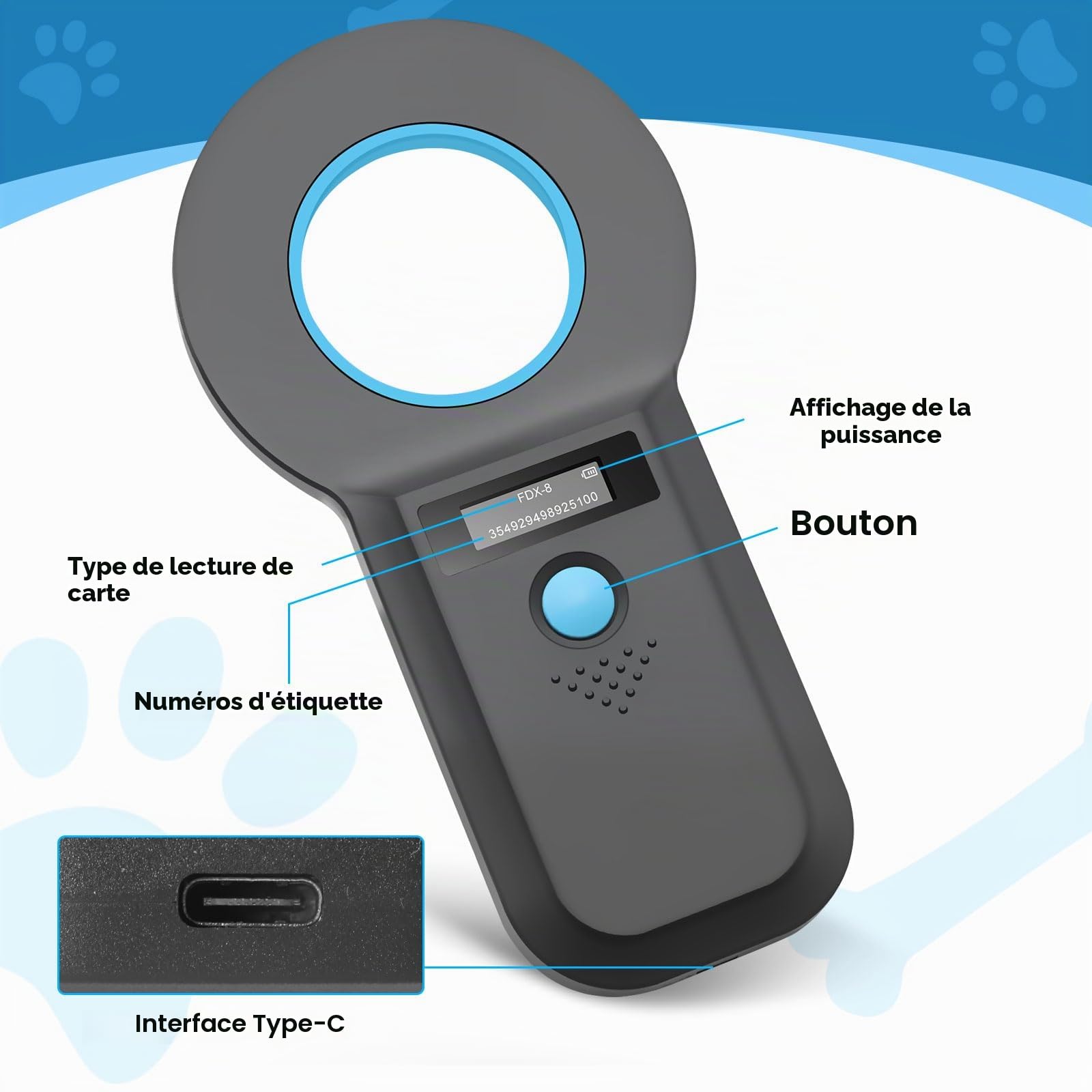 Scanner de Micropuces pour Animaux de Compagnie Bluetooth, Lecteur USB RFID pour Animaux de Compagnie, Rechargeable Scanner de Micropuces OLED pour FDX - B (ISO 11784/11785)/EMID