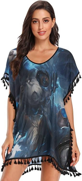 Abstrac Panda Blue Art Womens Beach Cover Up Chiffon Tassel Swimwear Swimsuit Coverups for Girl