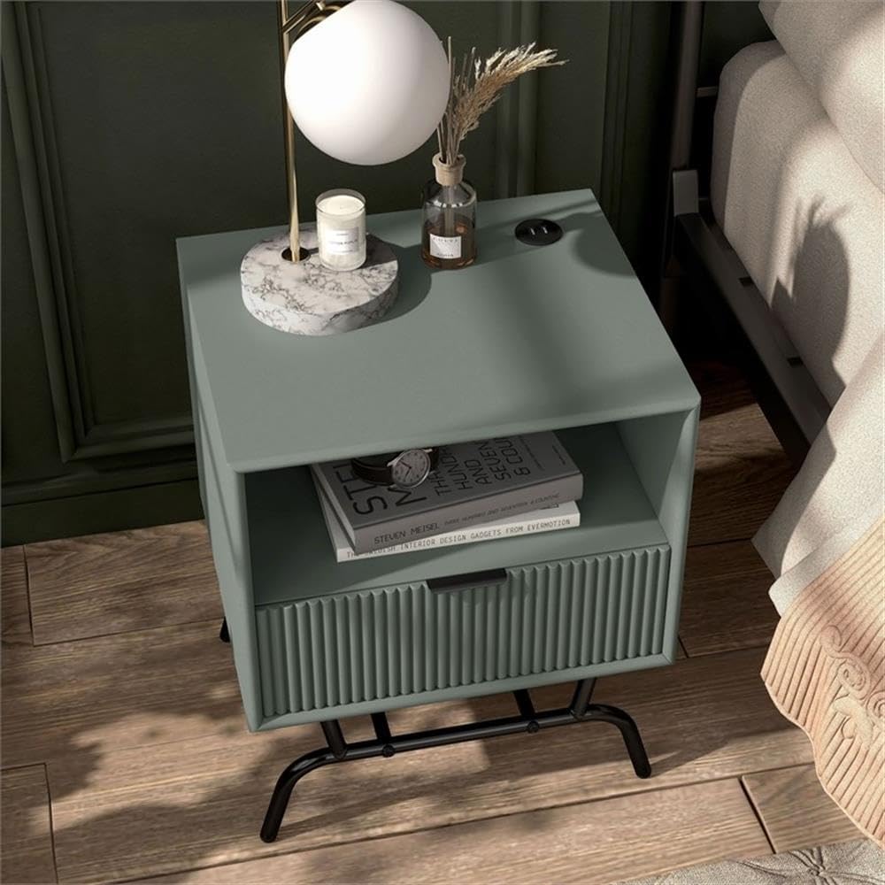 BOWERY HILL Wood Storage End Table, Sage Green Finish, 18" L x 15.75" W x 22" H, MDF and Metal Legs, 1 Drawer with USB Ports, Open Shelf, Contemporary Style for Living or Family Room
