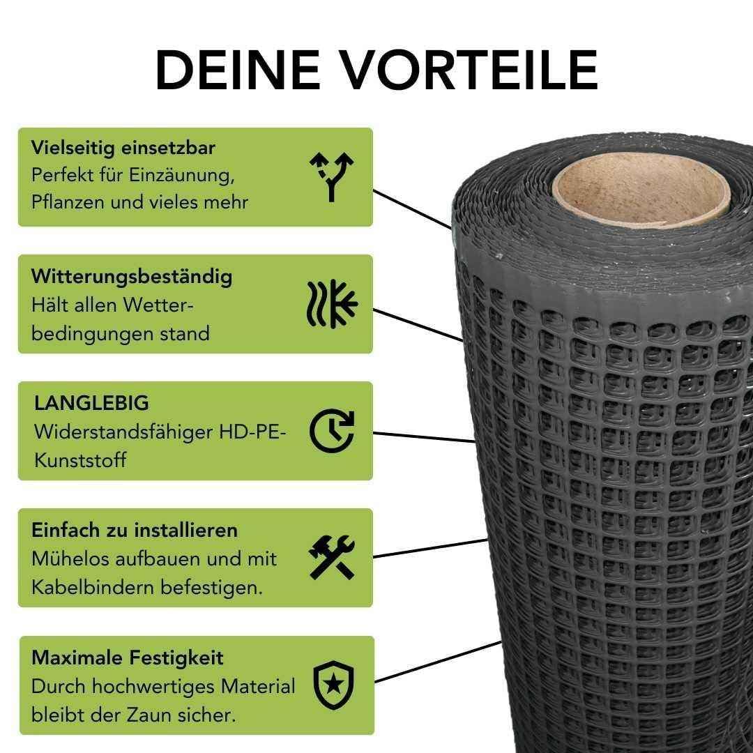 Florade® Kunststoffzaun | Gartenzaun | Geflügelzaun | Gartenzaun Kunststoff | Hundezaun | Robust & witterungsbeständig | Vielseitig einsetzbar | Schwarze Farbe | Quadratförmige Maschen | 270g/m²