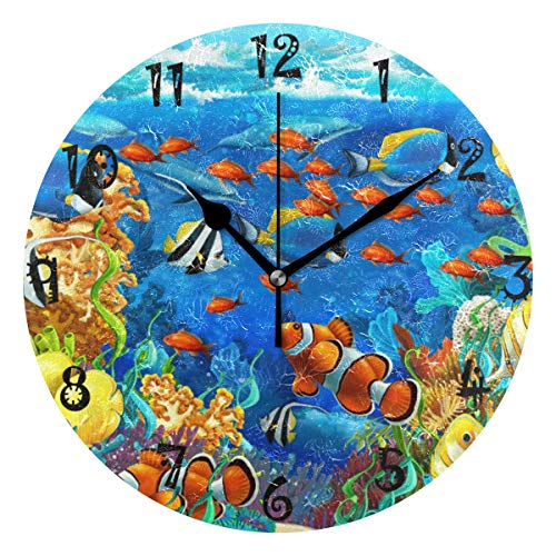 LDIYEU Pesci di Mare Blu Colorati Orologio da Parete Silenzioso Decorazione Non Ticchettio Legna Orologio per Ragazzi Ragazze Capretto Cucina Camera da Letto Home Office Scuola Decor