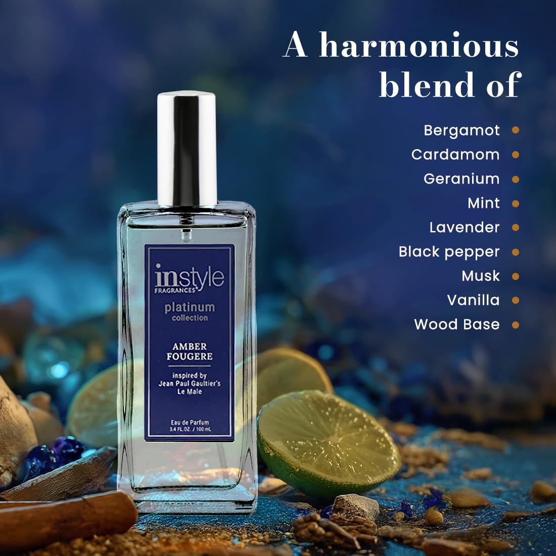 InStyle Fragrances, Platinum Collection, Amber Fougere, Inspired by Jean Paul Gaultier’s Le Male, Men’s Eau de Parfum, CLEAN, Vegan, Paraben-Free, Never Tested on Animals, 3.4 Fluid Ounces - Image 6