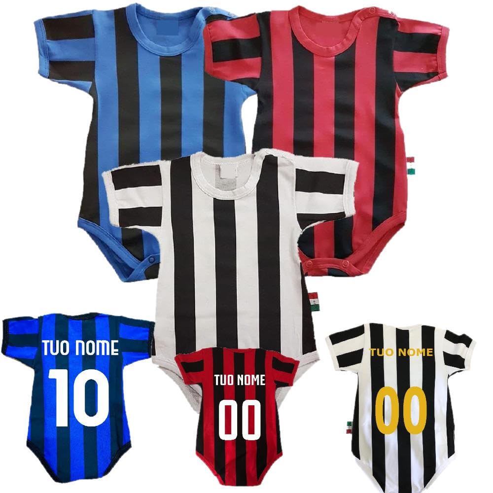 PELUSCIAMO Body Calcio Bianco Nero Rosso Nero Nero Azzurro | Bodi Neonato Tifosi | Personalizzato Con Nome e Numero | PS 32764-MIX