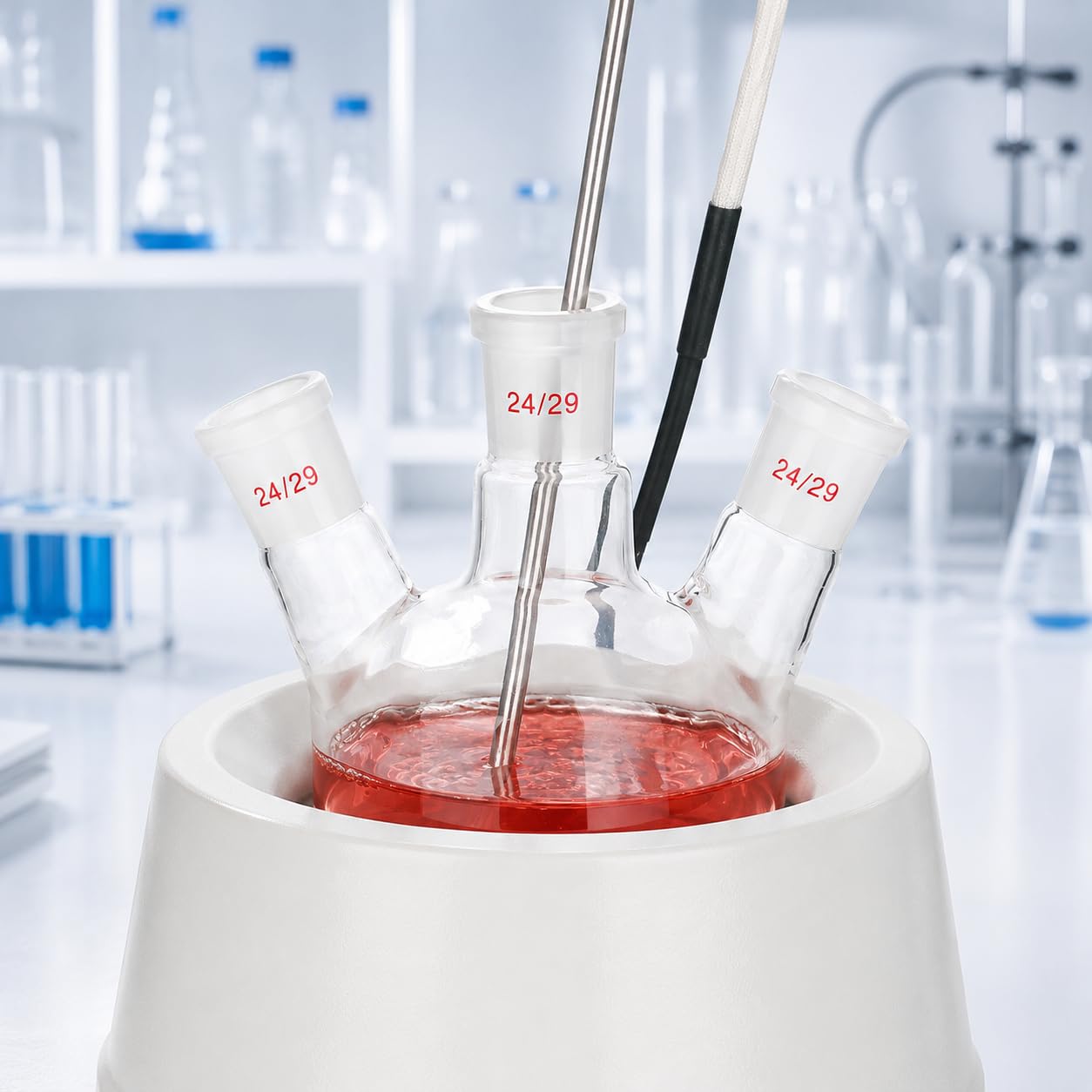 VIDOO Kolba Okrągłodenna Trójszyjna ze Szkła Borokrzemowego 3.3, Laboratoryjna Kolba Grzewcza do Chemii z 24/29 29/32 24/29 Szlifami, 5000ml