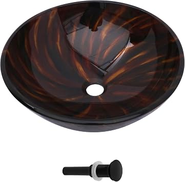 Mocoloo Round Glass Vessel Sink, 16x16 Inch Bathroom Sink Amber Tempered Glass Bathroom Vanity Sink with Pop-Up Drain Above Counter Basin Bowl