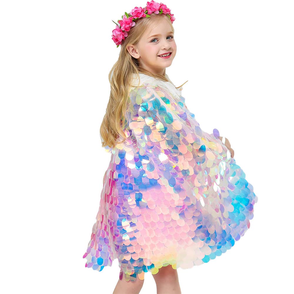 Qingzhuan Capa de Sirena para Niñas, Capa de Princesa con Vestido de Lentejuelas Brillantes, Disfraz Infantil con Guirnalda para Carnaval de Halloween -Talla L