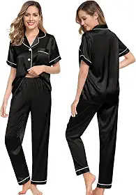 Pijama Feminino Americano Adulto Cetim Toque de Seda Bolso e Botão Manga Curta e Calça