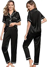 Pijama Feminino Americano Adulto Cetim Toque de Seda Bolso e Botão Manga Curta e Calça