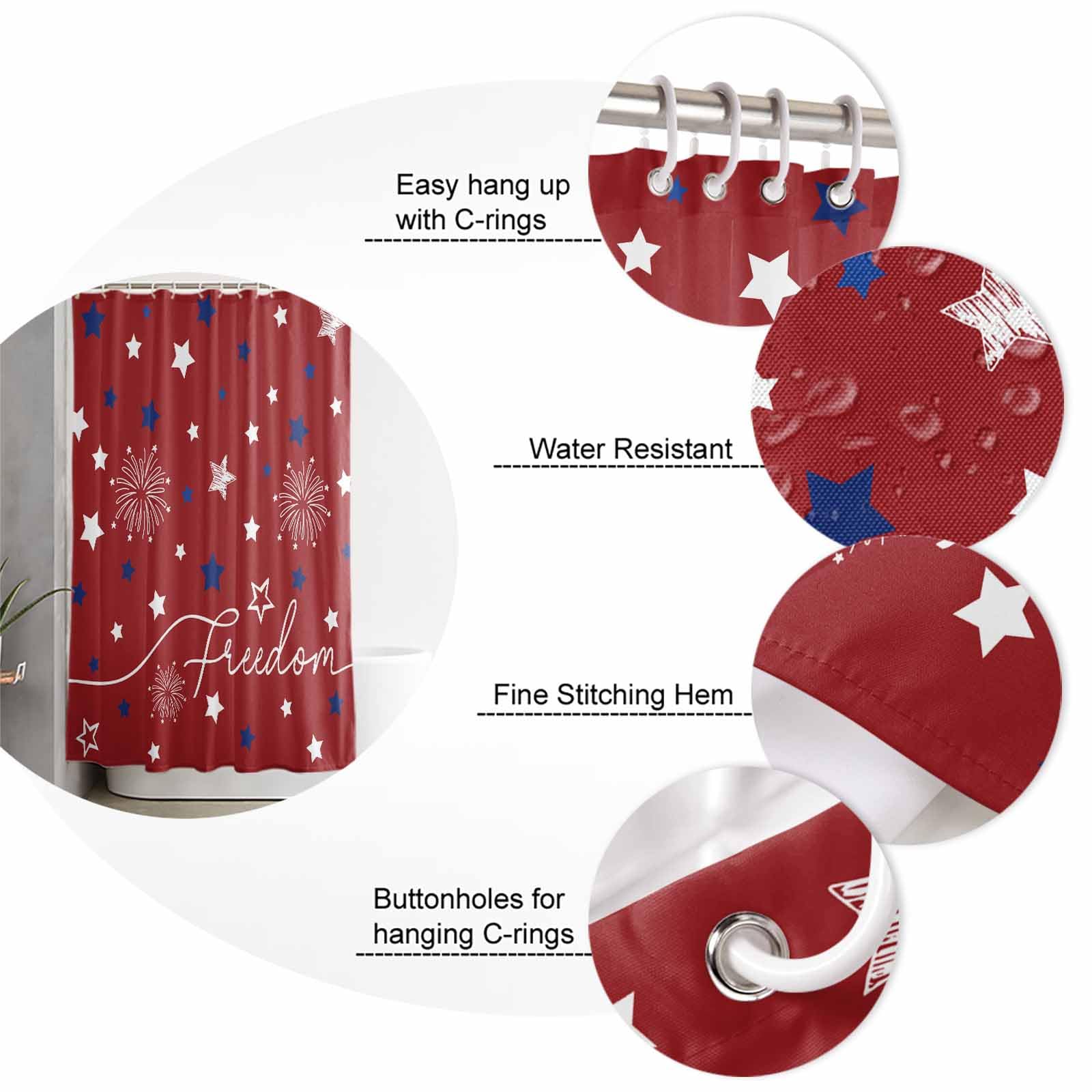 Patriotic 4th Of July Shower Curtain - Red White Blue Stars, 72x72 Inch Waterproof Fabric