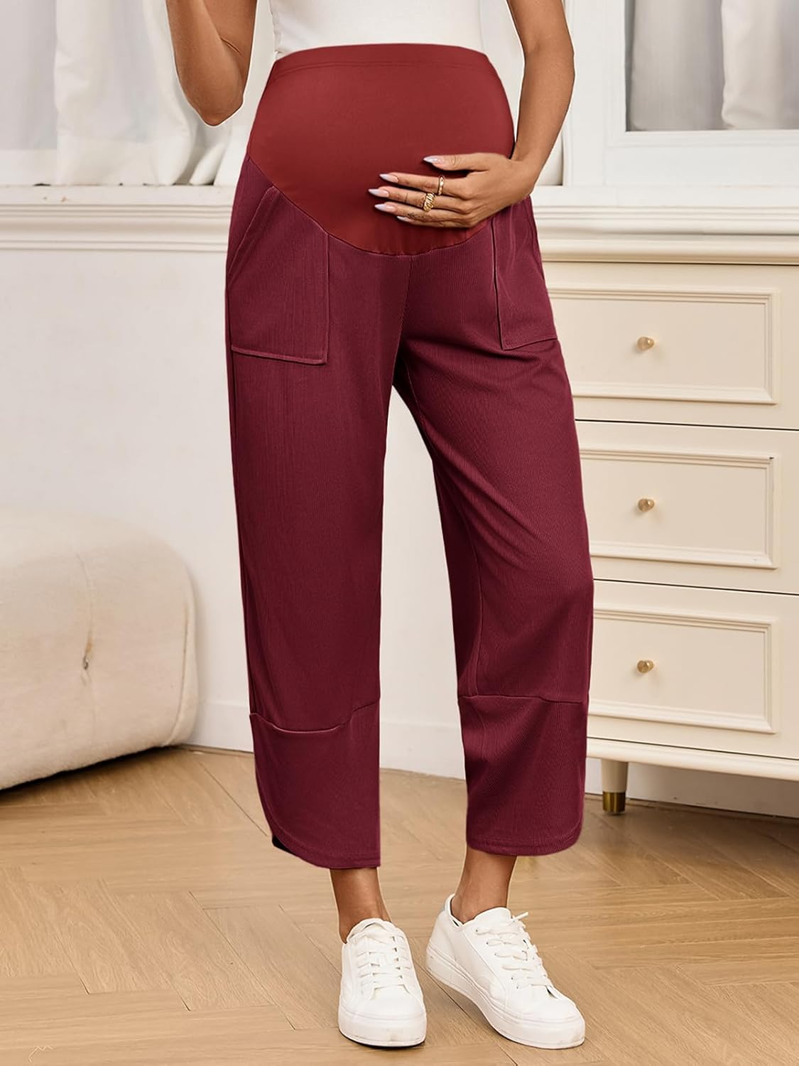 Yousify Womens Wide Leg Maternity Pants Casual Stretchy Ribbed Palazzo Pregnancy Trousers with Pockets - Image 2