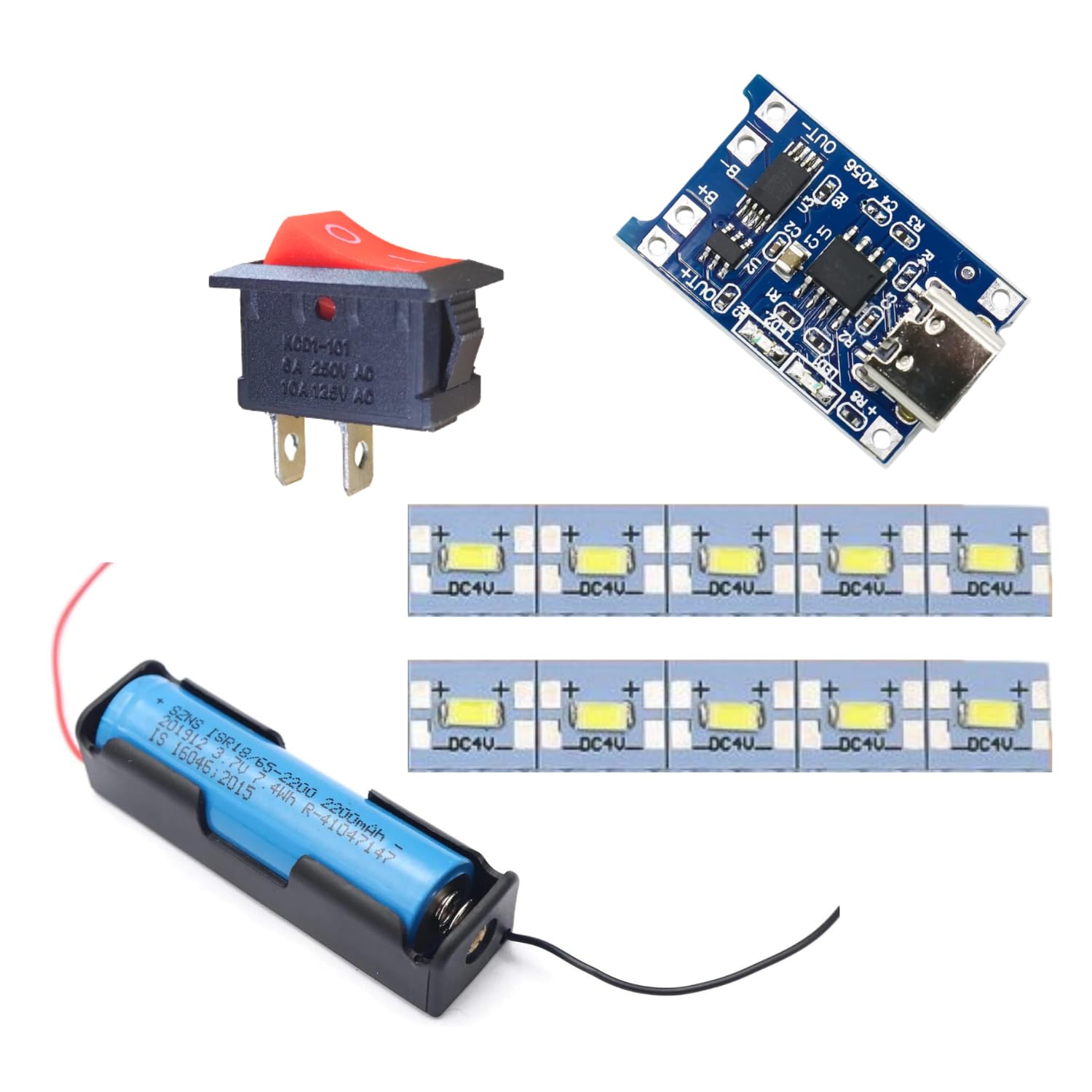 UNIVERSAL HUB COMBO OF 4V LED STRIP 18650 BATTERY AND HOLDER 2PIN RED SWITCH AND TP4056 MODULE CTYPE KIT FOR SCHOOL PROJECTS AND SCIENCE EXPERIMENTS-image-9