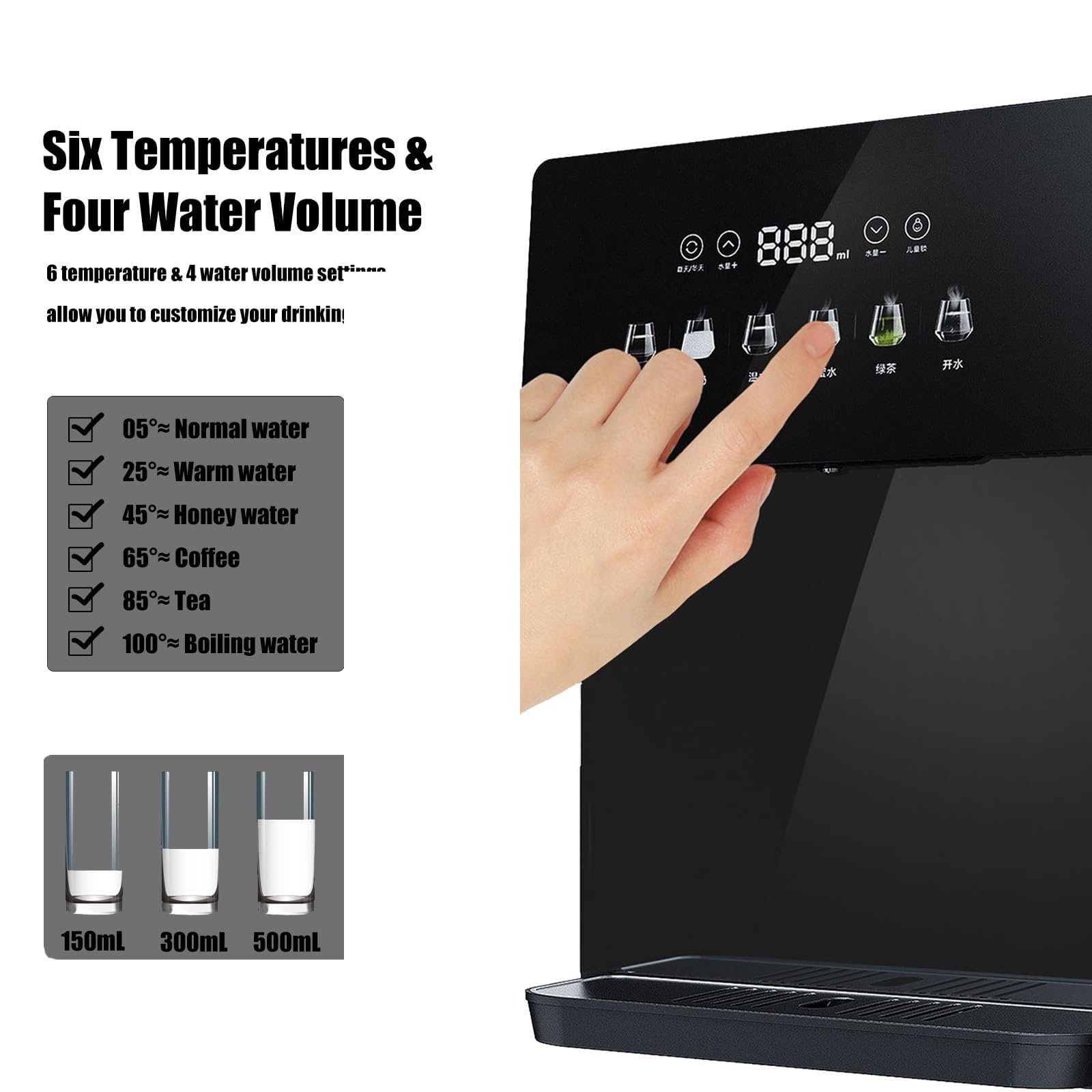 2200-W-Wasserspender Mit Sofortheizung, Kindersicherung, 6 Temperatureinstellungen + 4 Wassermengenoptionen, Für Haushalte, Büros, Einkaufszentren (31 X 8 X 42 cm),Black