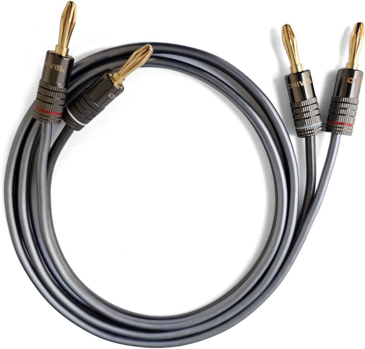 Dhivis Black Melody Speaker Cable - 3 Meters Cable 13AWG + 4 Gold Plated Banana plugs, 99.999% Copper (448 Strands) Ultra Flexible, Ideal for Full Range, Terminated Cable (3-Meters)