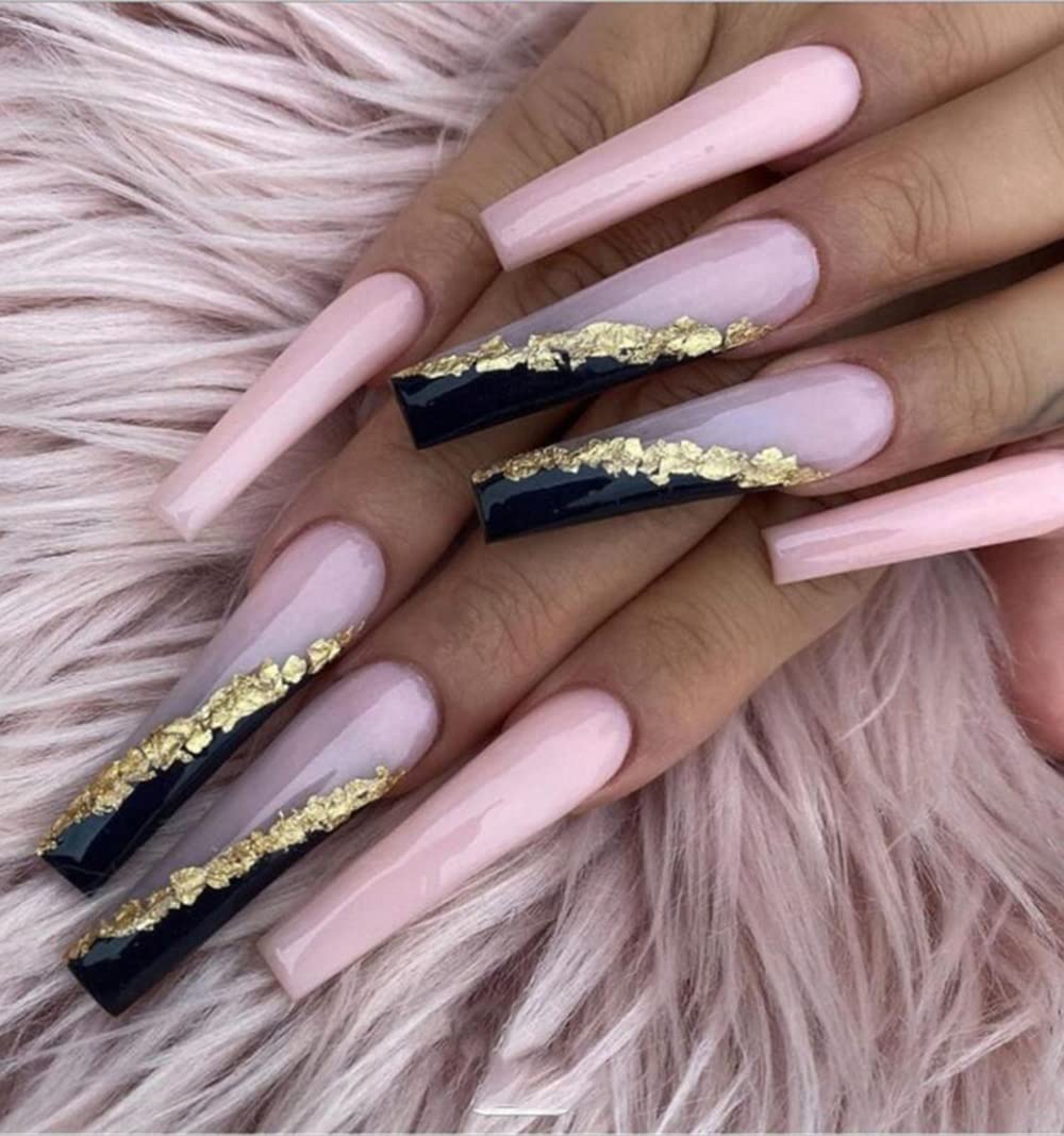 Amazon.com: Press on Nails Long, Gradient Gold Black Press on Nails Ballet  Glitter Fake Nails Luxury French False Nails with Glue Glossy Acrylic Nail  Tips for Women and Girls - 24 Pcs :