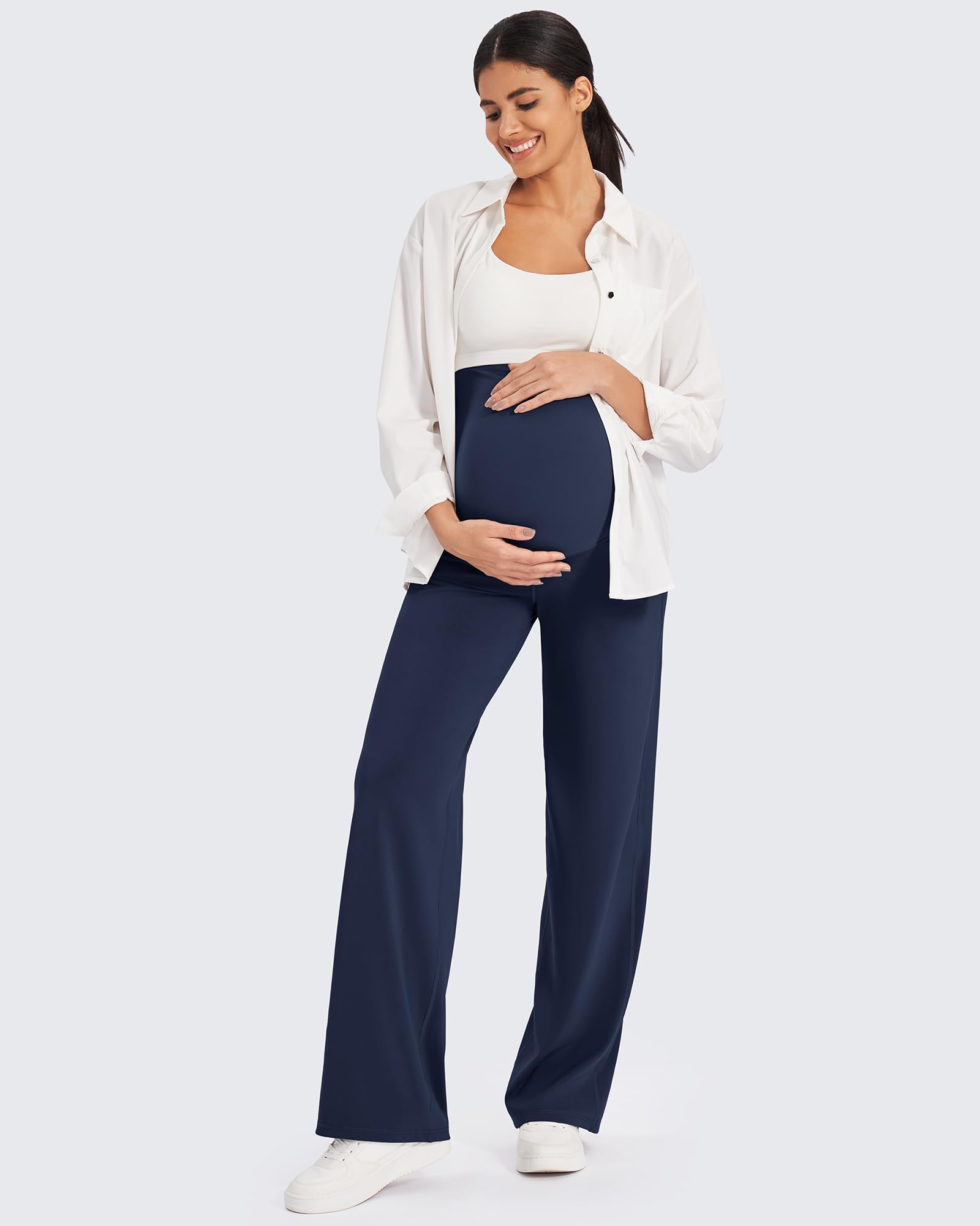 G4Free Pantaloni premaman sopra la pancia, per yoga, lavoro, gravidanza, elasticizzati, a gamba larga, con tasche