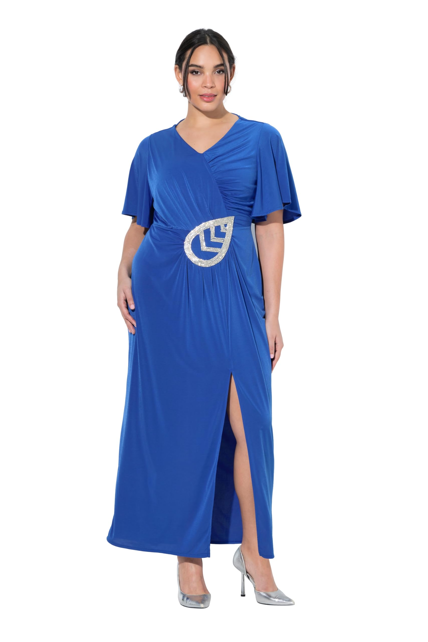 Ulla Popken Damen große Größen Übergrößen Plus Size Maxikleid, drapiert, Applikation, V-Ausschnitt, Halbarm 849530