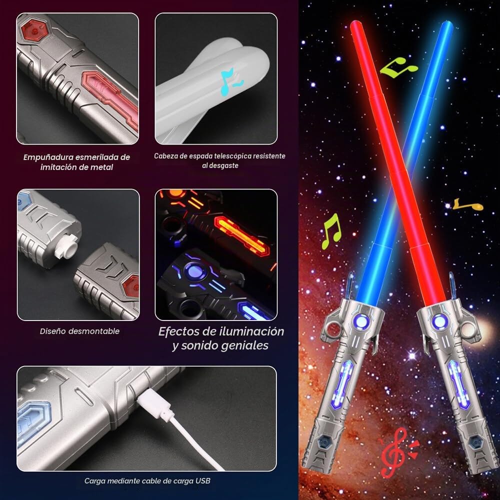 Sable de Luz, Espada Laser Star Wars Niños, 15 Colores Sonido de Combate Simulado, Espada Láser de Star Wars, Sable de Luz Led, Espada Láser Retráctil 2 en 1 para Niños (Mango Plateado)