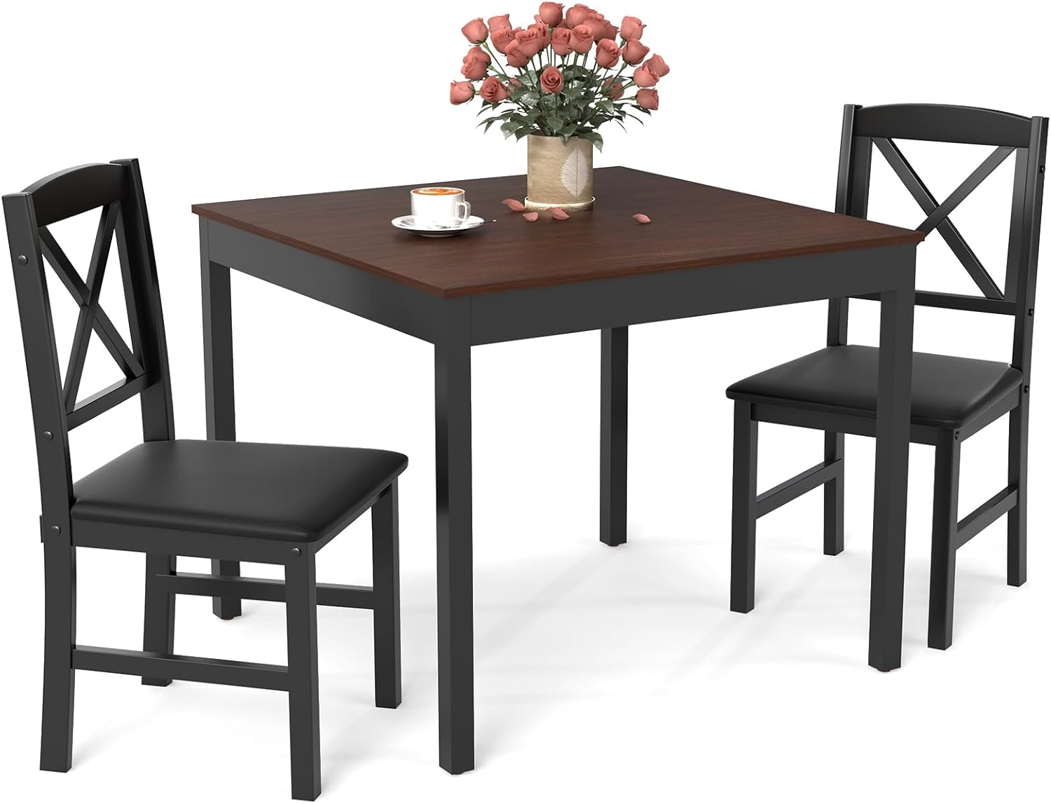 GOFLAME 3-Piece Dining Table Set for 2, Wooden Square Kitchen Table with 2 Upholstered Chairs, Space-Saving Dining Room Furniture Set for Dining Room, Breakfast Nook, Small Space, Brown & Black image 9 of 9 B0DZPBK8C2