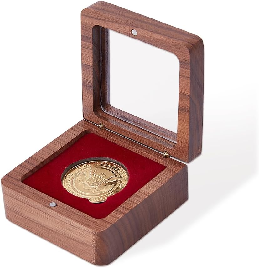 Caja de madera para moneda con tapa acrílica y forro rojo miniatura 1