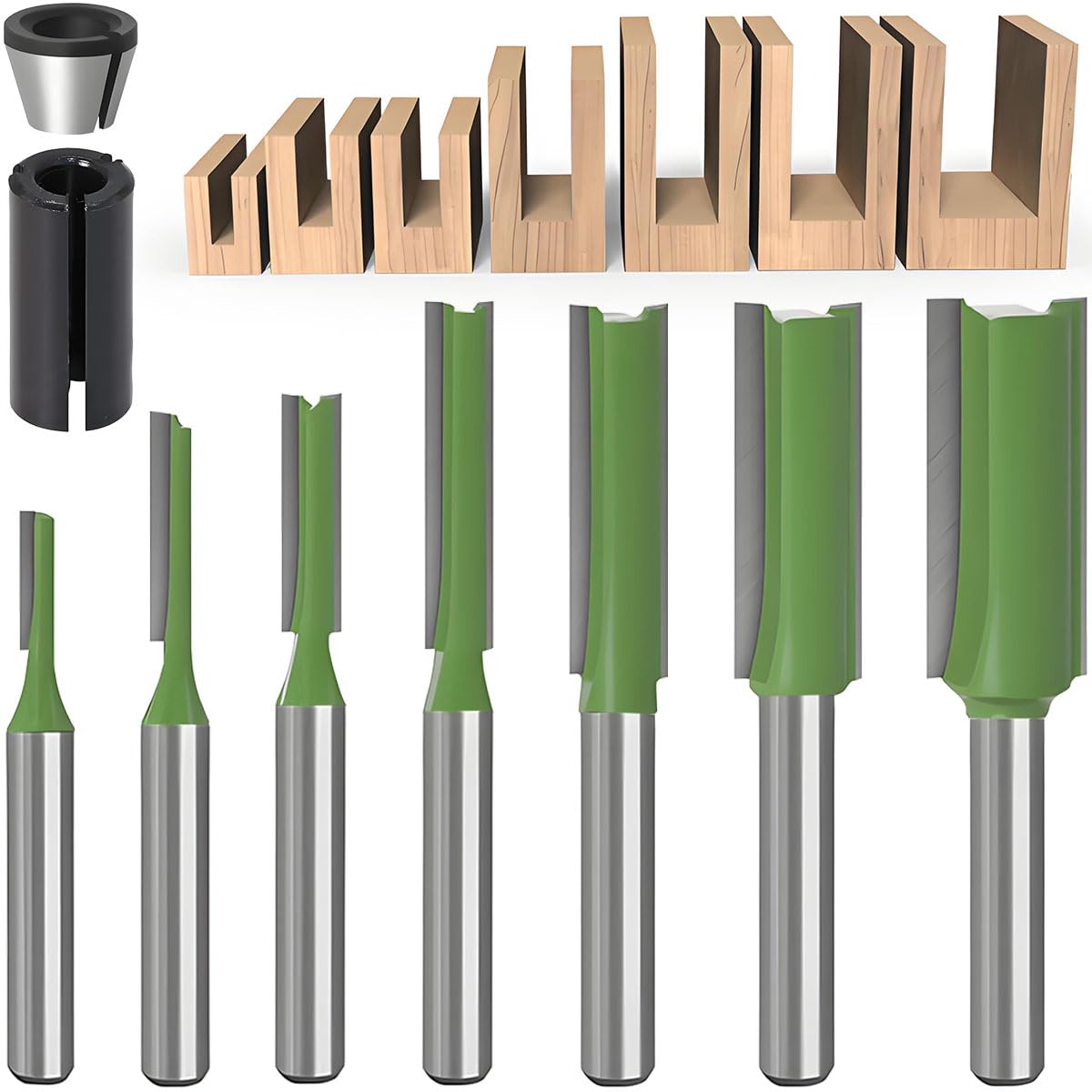 EATBALE 7 Pieces Double Flute Straight Router Bit Set(1/8", 5/32", 3/16", 1/4", 5/16", 3/8", 1/2") 1/4-Inch Shank Flush Trim Pattern Bit Tungsten Carbide Trimming Milling Cutter Woodworking Tools