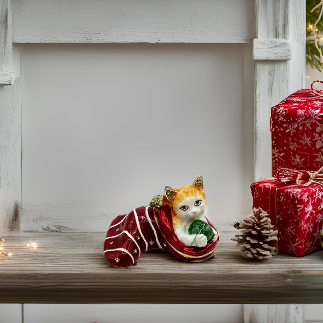 Christmas Trinket Box, Cat in Stocking Hinged Jewelry Box, Hand-Painted Enameled Holiday Gift for Cat Lovers, Christmas Decor Figurine, Small Keepsake Box for Women