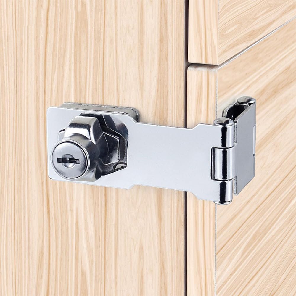 Small Hasp and Staple 90 Degrees Metal Lock Hasp Keyed Locking Hasp and Staple with Padlock Shed Lock Door Bolt Latch Buckle Safety Door Clasp Knob Shed Locks for Cabinets Cupboard Drawer Gate 3 Inch - Image 2