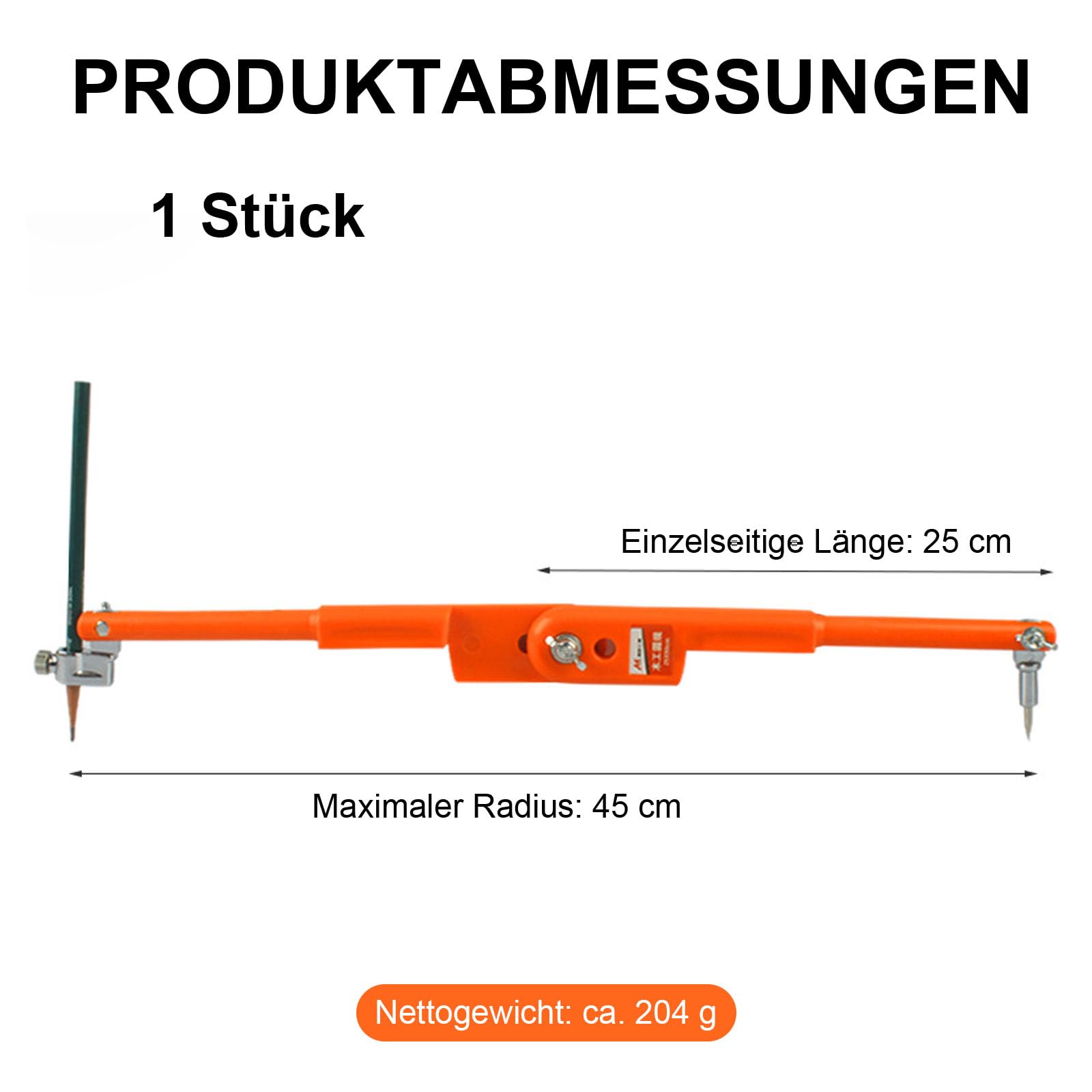 Zirkel, Zirkel mit Stifthalter, Zirkel Groß, Professioneller Tischlerzirkel, Einstellbar, Klarer Strich, für Holzbearbeitung, Geometriezeichnung (Orange)