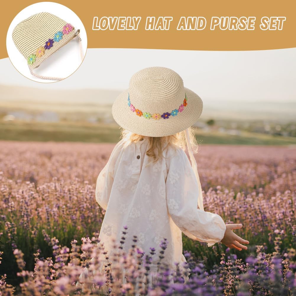 Chapeau de Soleil pour Filles Mini Sac de Paille, Petit Sac avec décoration de Fleurs Chapeaux de Paille de Plage d'été Chapeau de Soleil pour activités de Plein Air
