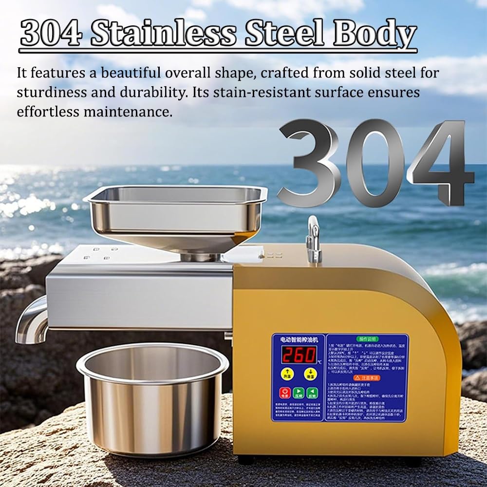 Pressa Automatica per Olio, 1100 W, pressatura a Caldo e a Freddo, Elevata resa 4-9 kg/h, Acciaio Inox 304, Facile da Pulire, Maniglia Pieghevole, per Semi, Frutta secca e produzio