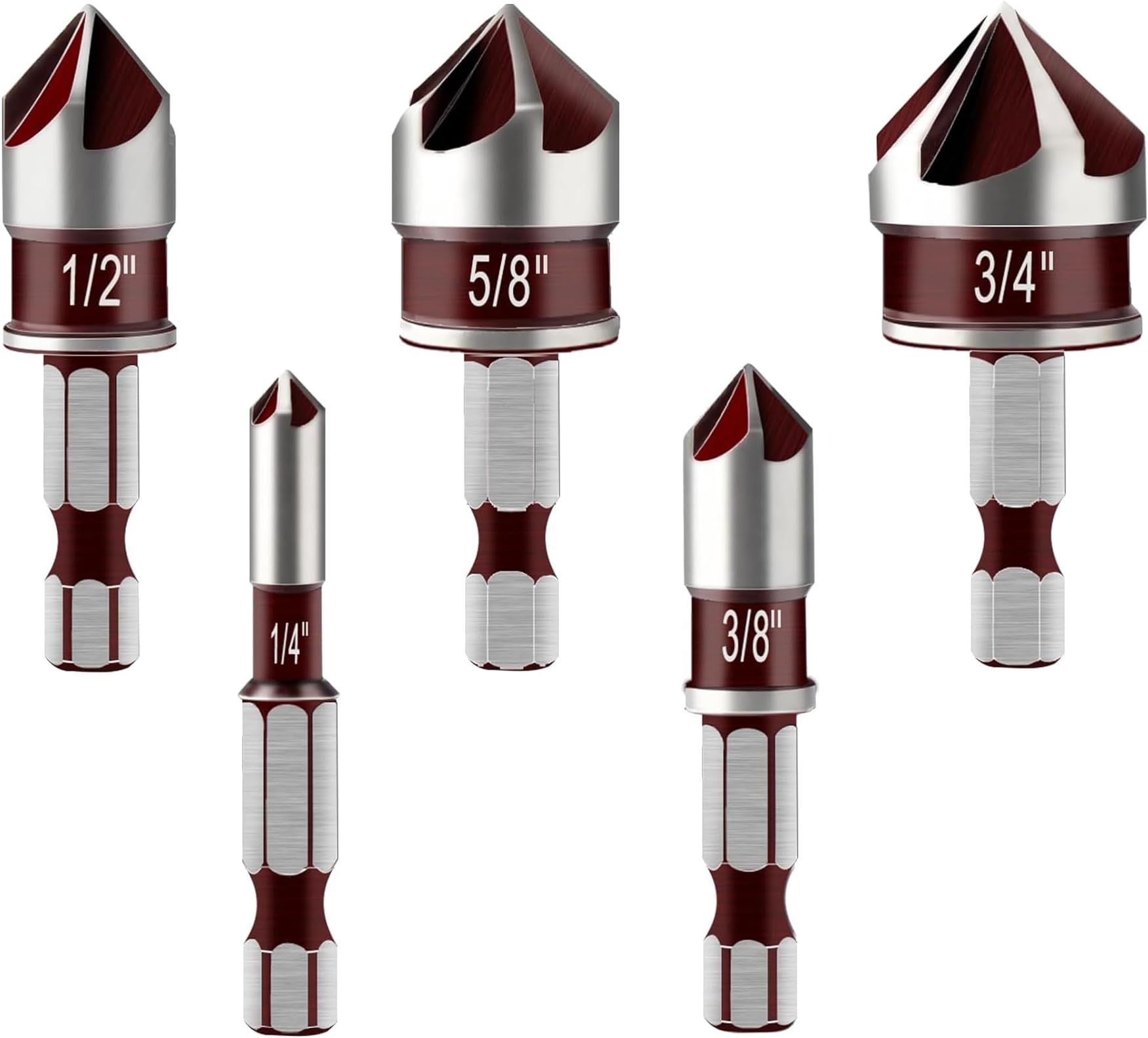KEWAYO5 Pieces Countersink Drill Bit Set, 82 Degree, 5 Flute with 1/4 Inch Hex Shank, 1/4" to 3/4" Size for Metal, Wood and Plastic