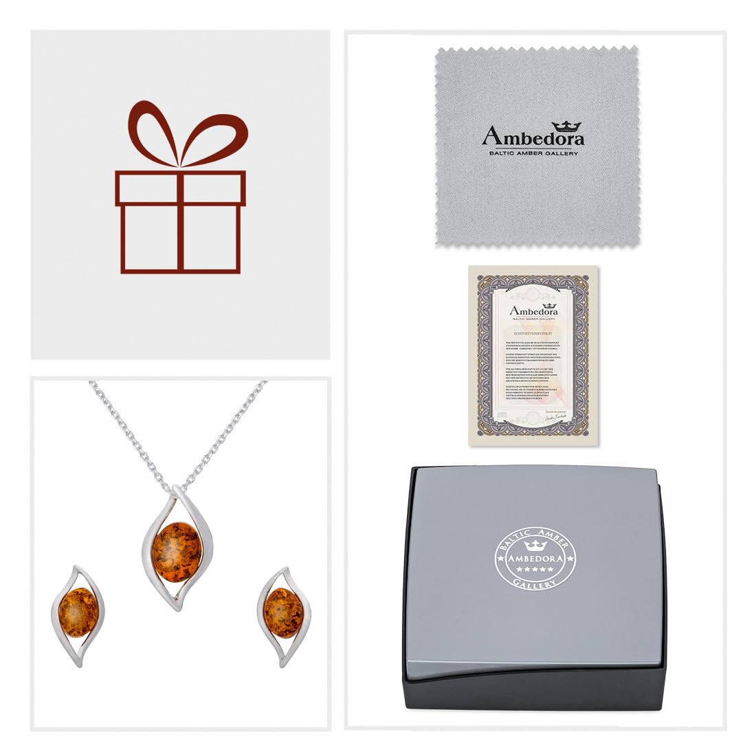 Parure di Gioielli da Donna Fiamme D'ambra, Argento Sterling Lucido, Ambra Baltica Color Cognac, Ciondolo in Argento su Catena e Orecchini