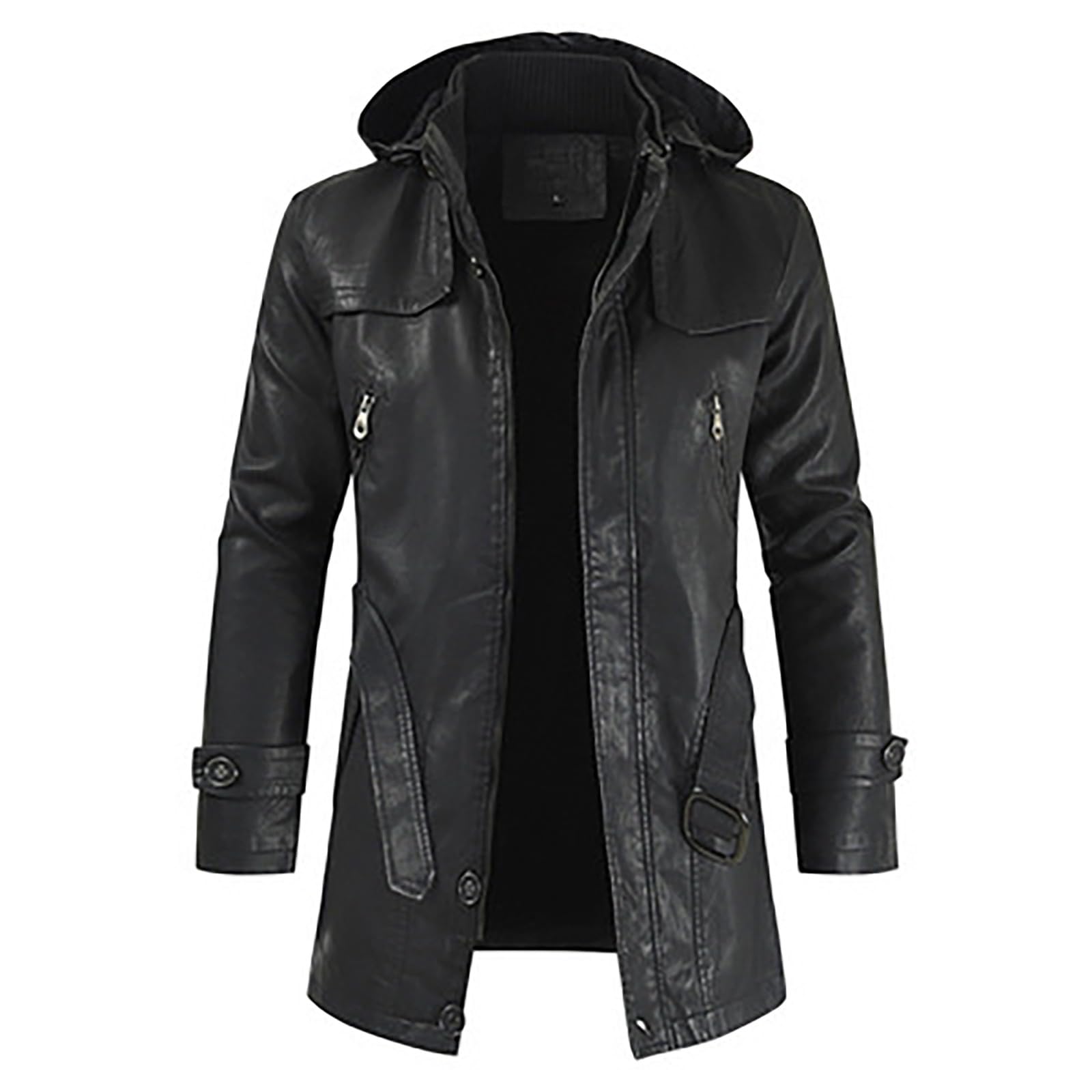 Veste en cuir pour homme, long duffle-coat 3/4 avec capuche amovible, parka, long trench noir, manteau à capuche safari noir, manteau coupe-vent d'hiver chaud avec poches