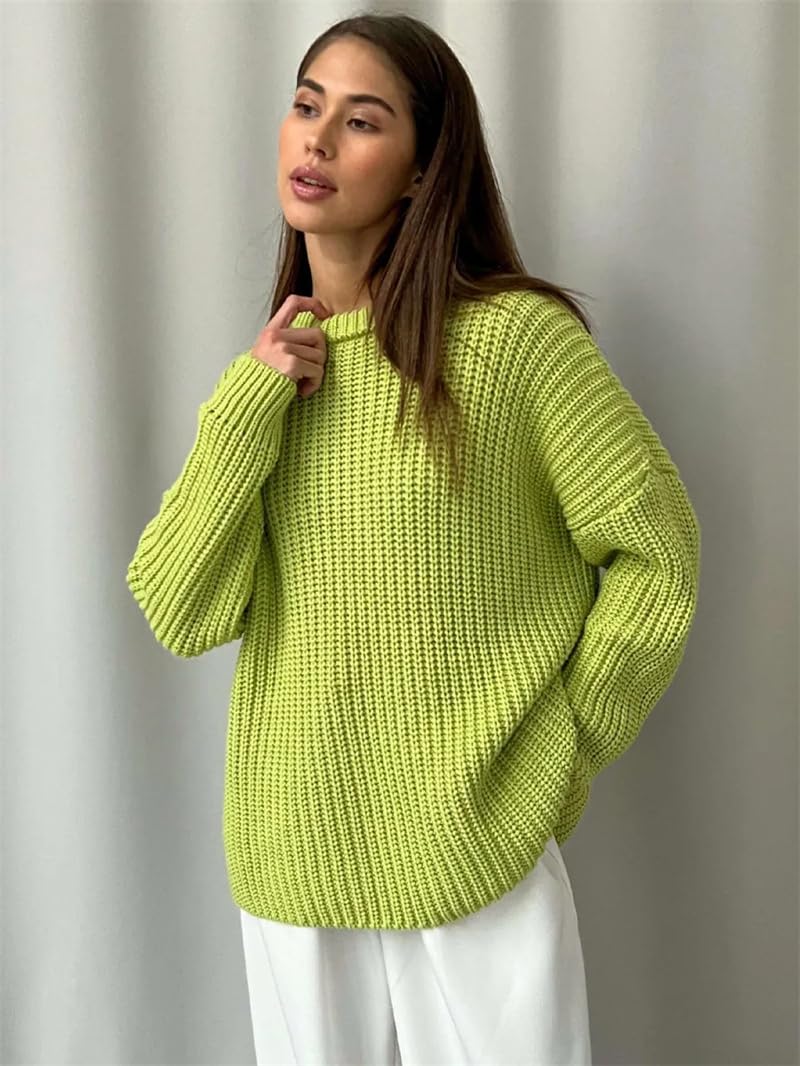Damski sweter z dzianiny oversize z długim rękawem okrągły dekolt luźne grube swetry pulowery