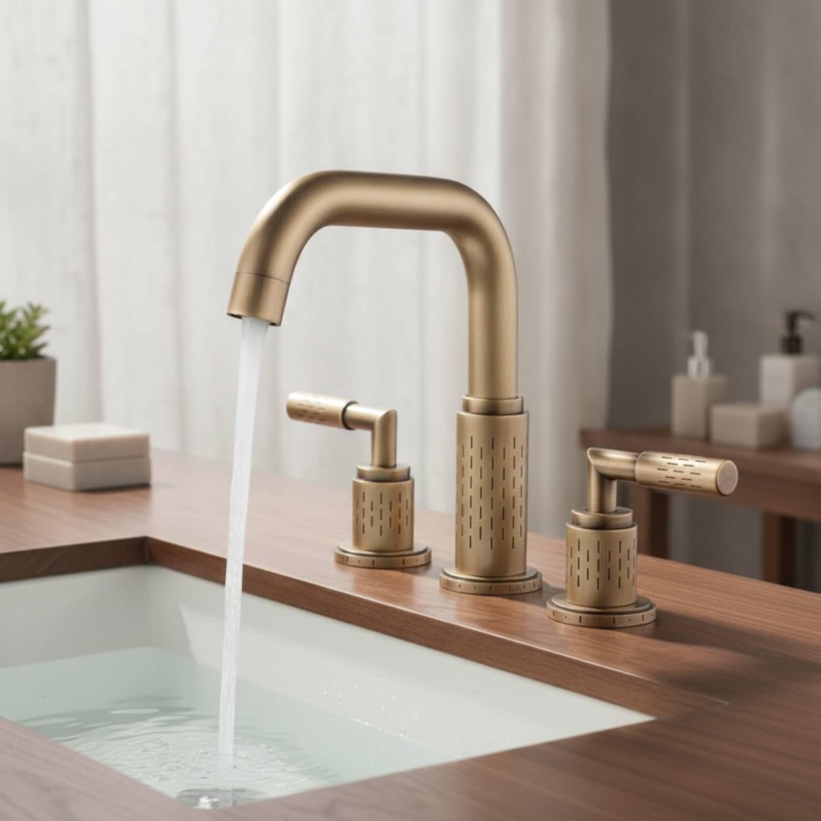 perfeclan Grifo de Lavabo Baño Grifería Mezclador Doble Manija con Giratorio Elevado Base Cilíndrica con Patrón Estructura Metálica con Aireador Integrado, Plateado