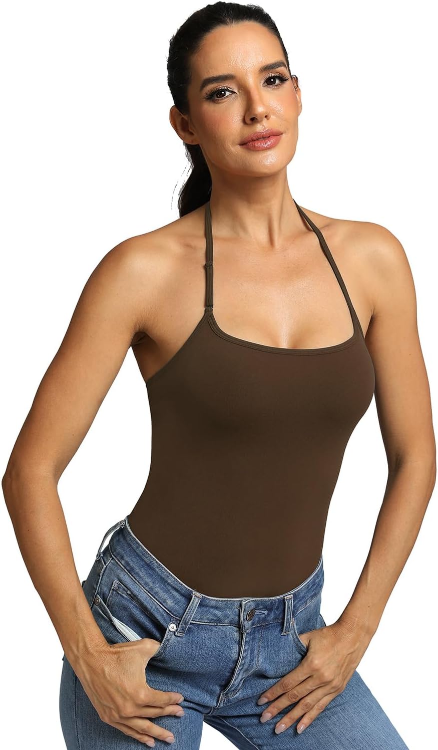 ICTIVE Women Sexy Halter Neck One Piece Thong Adjustable Strap Sleeveless Cami Bodysuit Top Coffee L