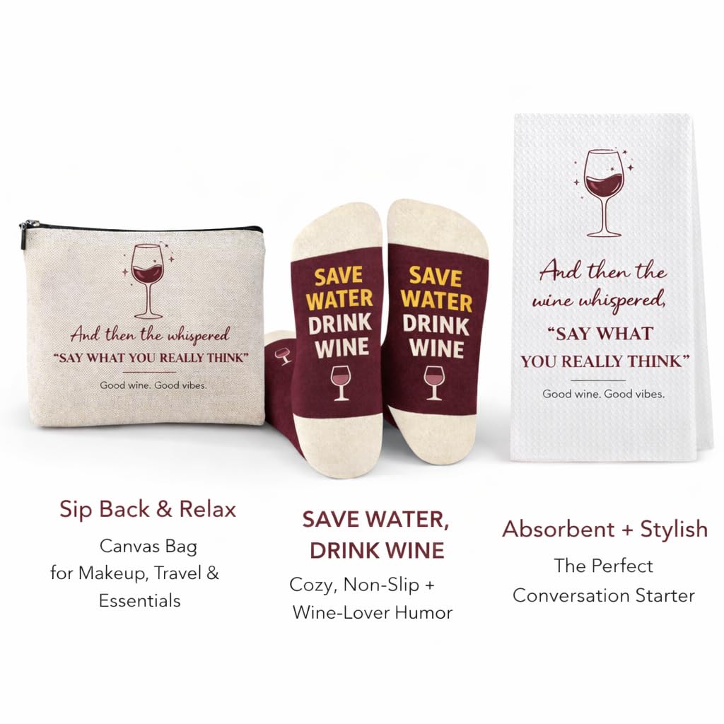 Wine Gifts for Women – 5-Piece Set with Socks, Towel, Makeup Bag & Bottle Gift Bag. Practical Birthday Present for Mom