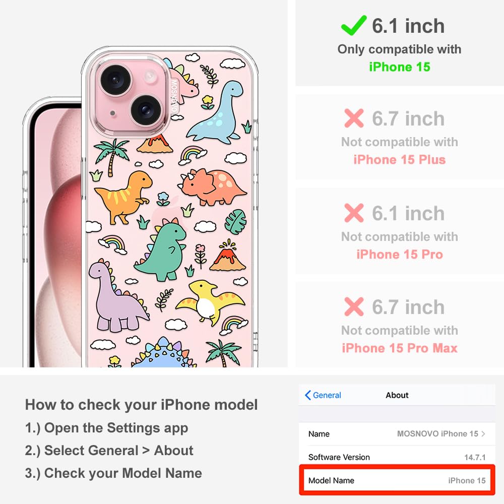 MOSNOVO Case for iPhone 15, [Buffertech 6.6ft Military-Grade Drop Protection] [Anti Peel Off Tech] Clear TPU Bumper Phone Case Cover Design - Dinosaur Land - 3