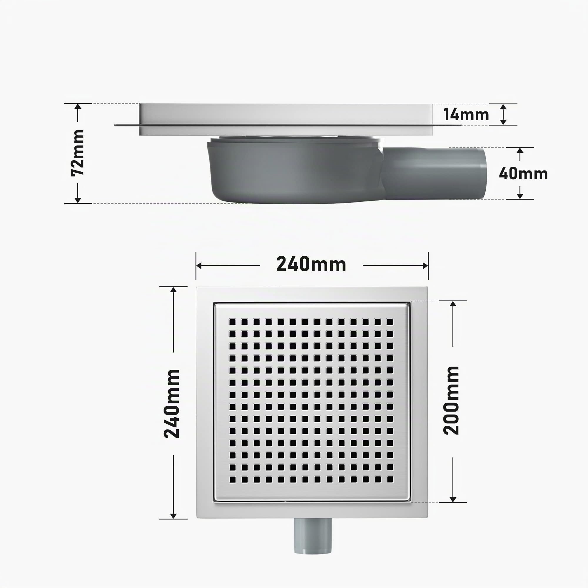DN50 DN40 Canne de Douche carrée 20 x 20 cm, Siphon 360 ° avec Anti-odeurs et passoire à Cheveux en Acier Inoxydable gouttière d'évacuation de Sol très Plat