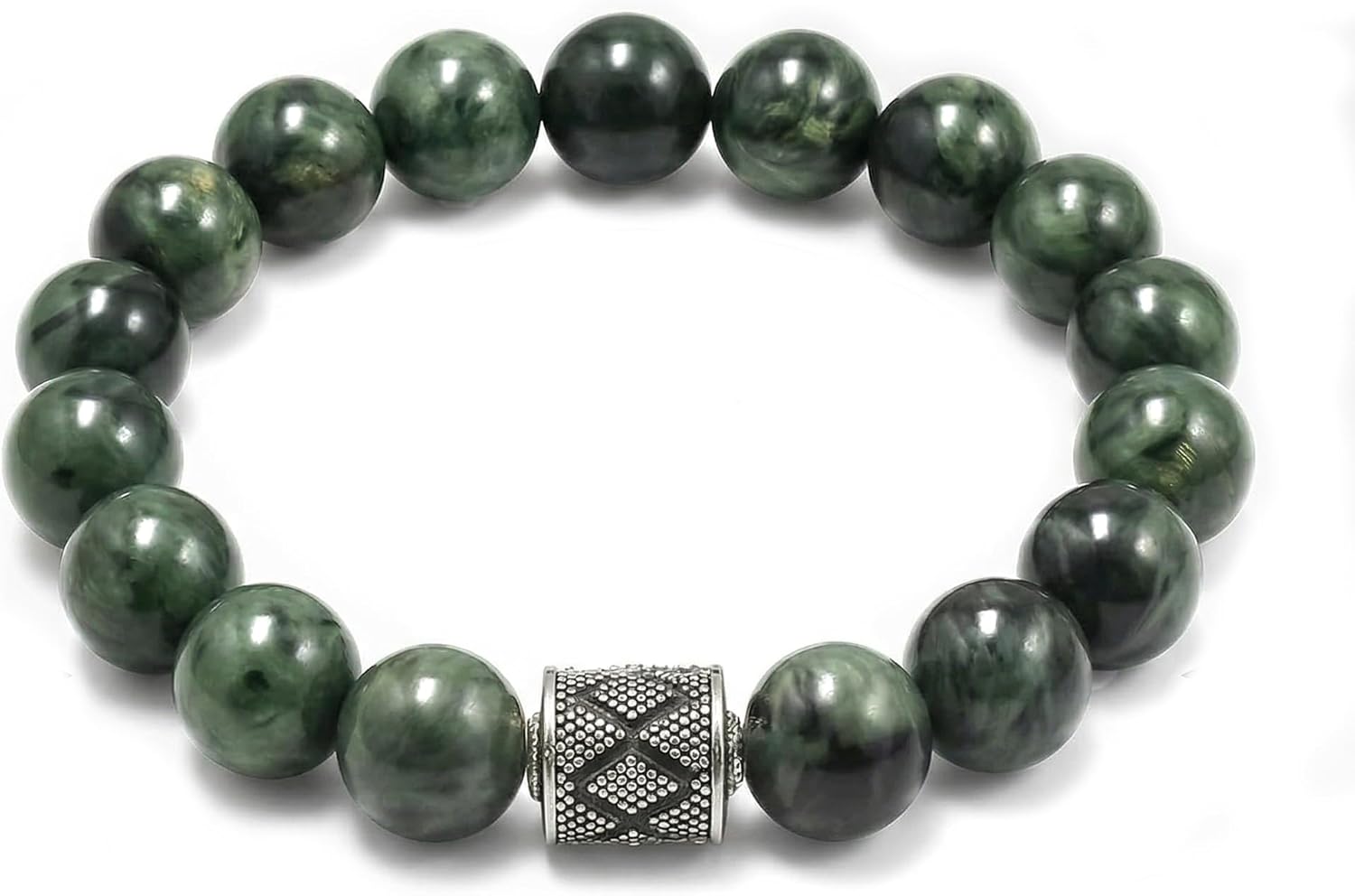 Kartini Studio Dark Green Jade and Sterling Silver Bead Bracelet, Nephrite Jade Bracelet, Quality Bead Jewelry for Men
