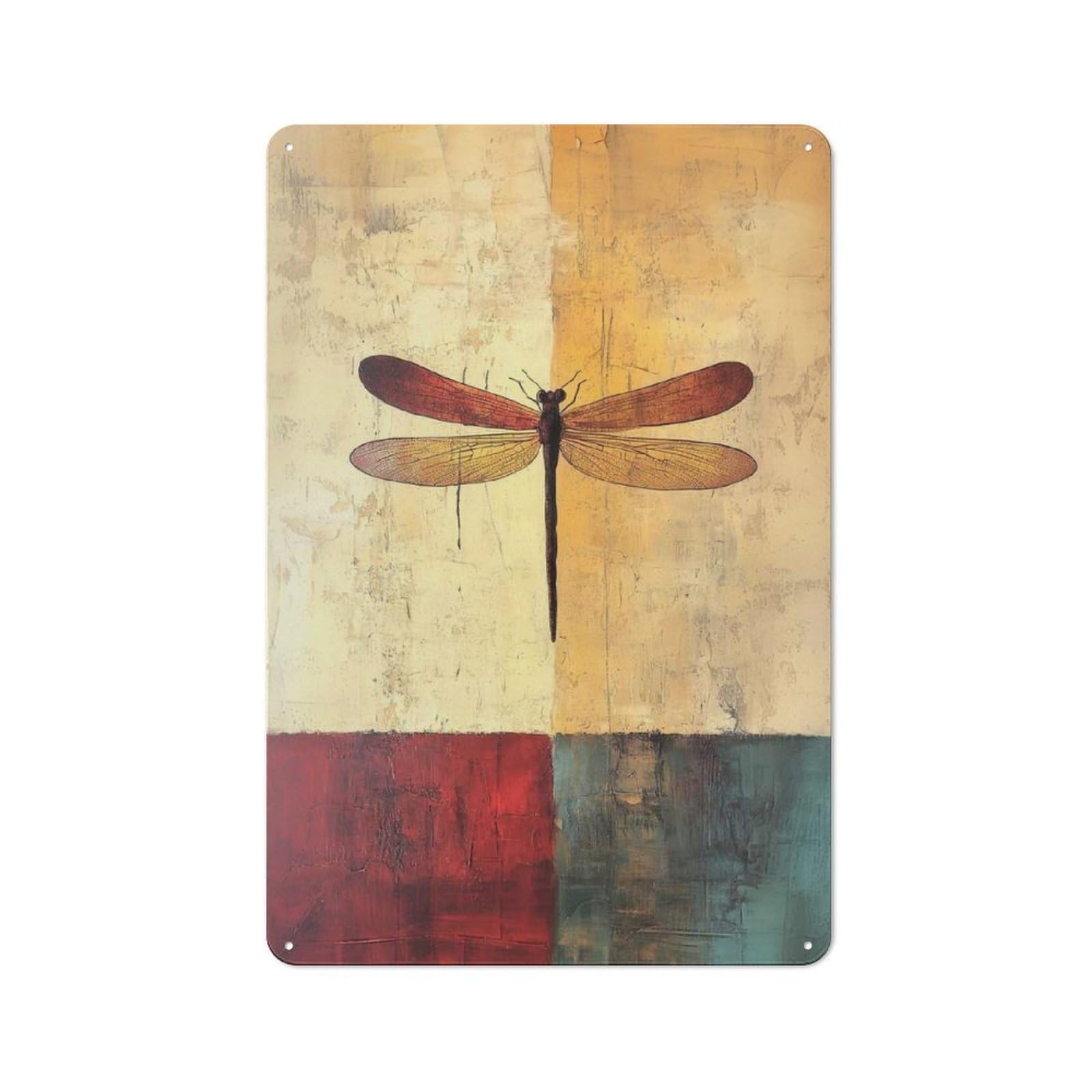 For Hobby Room Or Studio, Dragonfly Art on Textured Background ｜ Modern Rustic Accent Rustic Metal Sign 30x20cm, for Creative Interior Collectors Refreshing A Room in Autumn