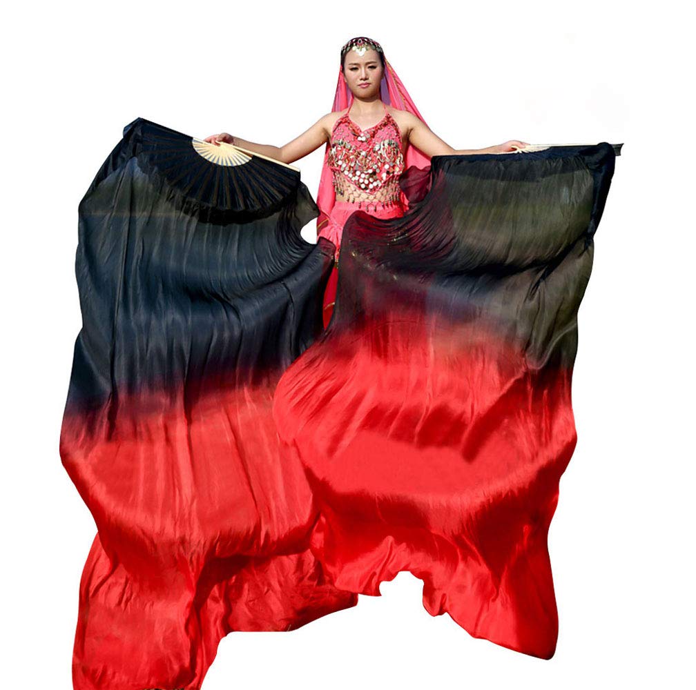 1 Pair(Left+Right) Women Real Silk Belly Dance Fan Veil, Length 180cm Width 90cm