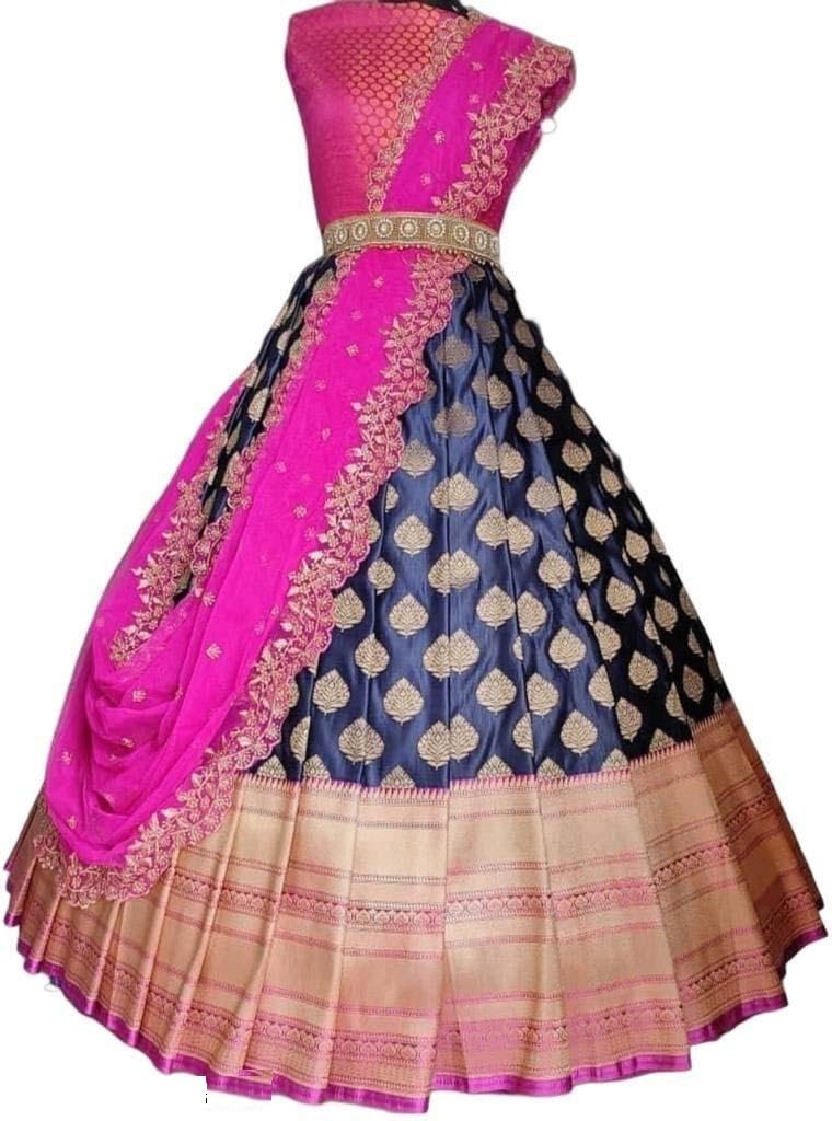 ZERICO Women's Indian Traditional Kanjivaram Silk Pure Weaving Lehenga Choli Along With Dupatta And Blouse Piece, Half Saree (Unstitched)